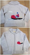 Vtg 60s 70s Hand Knit Cowichan Cardigan Sweater Snowmobile Novelty Wool Chunky picture