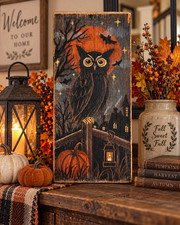 Owl Moon Bats Halloween Hand Painted Reclaimed Wood Primitive Wall Decor picture