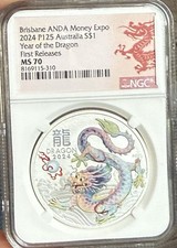 2024 Australia Year of Dragon $1 ANDA Brisbane NGC MS70 First Releases Color picture