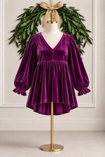 Umgee Purple Hot Pink  Velvet Babydoll Tunic Top Puff Sleeve Smocked High Low M picture
