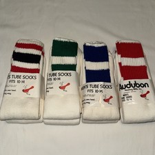 LOT Vtg Men’s Audubon 8 Pr Cushion TUBE SOCKS Mid Calf 10-14 Large White Stripe picture