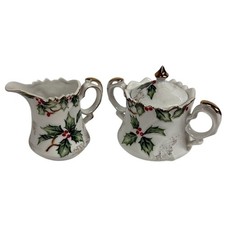 Vintage Lefton China Christmas Holly Hand Painted Creamer & Sugar Set NE1965 picture