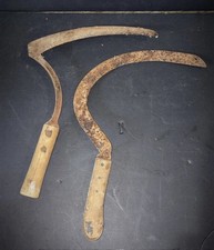 Antique Primitive Wood Handled Hand Scythe Sickle Lot of 2 picture