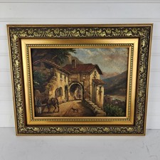 Vintage Original Oil Painting Framed Rustic Village Scene Man Donkey Dog picture