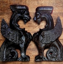 Pair Antique R.J. Horner Carved Wood Gargoyle Griffins c1890 Restored picture