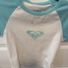 NWT Roxy Y2K Style Ribbed Graphic Raglan Baby Tee - White & Aqua Blu picture