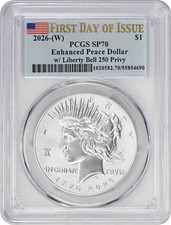 2026-(W) Peace Silver Dollar w/ Liberty Bell 250 Privy Enhanced SP70 FDOI PCGS picture