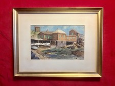 1960s Original Watercolor Painting - Mediterranean Coastal House & Boat - Signed picture