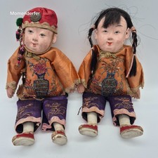 Pair Antique Chinese Composition Dolls Boy & Girl Embroidered Silk 1920s-30s picture