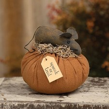 Fall Primitive Rustic Aged Grungy HALLOWEEN PUMPKIN WITH MOUSE DOLL Figure picture