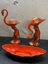 Vintage MCM California Originals Pottery Orange Gold Flamingo Statues Figure picture