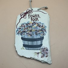Vtg Hand Painted Slate Powder Room Sign 1995 Flower Bucket Wall Plaque 4”x8” picture
