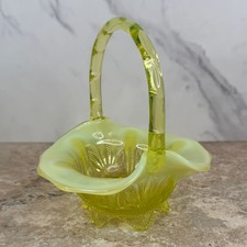 Fenton Topaz Yellow Cactus Pattern Glass Handled Basket picture