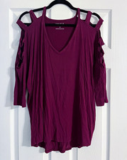 Express One Eleven London Tee Purple V-Neck Cold Shoulder 3/4 Sleeve Top L picture