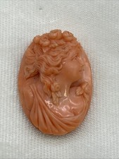 Antique VTG Carved Natural Coral Lady Cameo UNSET Victorian High Relief 8 Grams picture