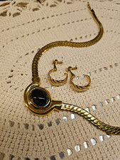  Vintage Napier Gold Tone Black Cabochon Necklace & Screwback Earrings  picture
