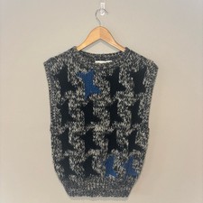 VINTAGE SML SPORT Hand Knit Sweat Vest Black Blue and Grey Star Shapes Sz Large picture