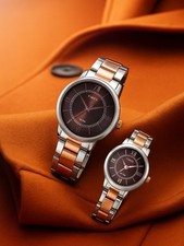 Timex His & Her Couple Watch Set Brown Solid Dial Gold Plated Steel Bracelet 30M picture