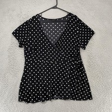 Torrid Wrap Blouse Top Womens 2X Black Polka Dot Short Sleeve Babydoll Tie Waist picture
