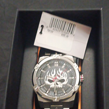 Harley-Davidson Skull Flames Dial Silver-Tone Metal Bracelet Watch w/ Box picture