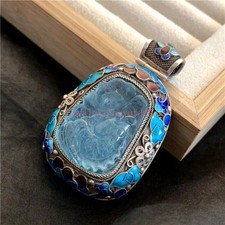 Exquisitely Chinese Natural Aquamarine Handmade Royal Court Silver Pendant Women picture