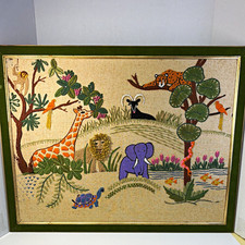 Framed Crewel Needlepoint Embroidery Jungle Safari Animal Scene Wall Art picture