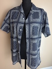 Non Stock MFG Indigo Bandana Print Collar Shirt Patchwork Paisley Mens Sz M⁠ picture