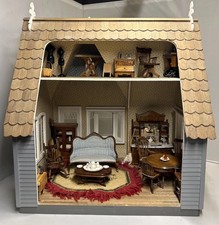 Vintage 1:12 Blue Wooden Two-Story Cottage Style Dollhouse Miniature Furniture picture