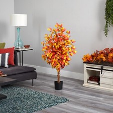 4’ Fall Ficus Autumn Artificial Tree w/Natural Wood Trunk Home Decor. picture