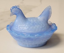 Vintage Boyd Glass Blue Slag Hen On Nest Mini Salt Cellar picture