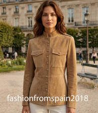 ZARA NEW WOMAN 100% LEATHER JACKET WITH COVERED BUTTONS TAUPE BROWN 3046/261/704 picture