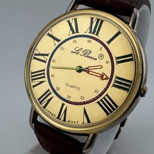 Vintage Le Baron Quartz Watch Men 43mm Gold Tone Mirror Dial Leather New Battery picture
