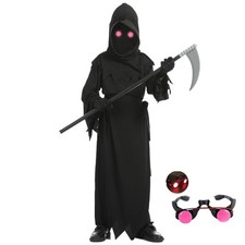 Halloween Grim Reaper Costume Kids Scary Skeleton Glowing Red Eyes Ghost Robe picture