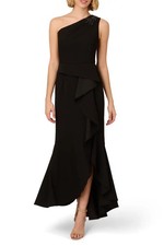 Papell Studio Black Beaded One-Shoulder Crepe Gown Size 10 $169 picture