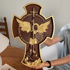 Wooden Saint Michael 25cm Golden Enamel Archangel Cross Statue Religious Decors picture