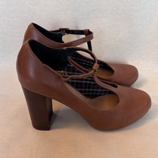 Crown Vintage Women Audrey Ankle Strap Stacked Block Heels Shoes Brown Size 9.5 picture