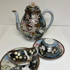 Antique Japanese Kutani Ware Hand-Painted Porcelain Tea Set Teapot Cups Saucers picture