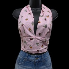 Vtg 70s L'Excluse Halter Top Womens M Pink Floral Hippie Tie Back Cottagecore picture