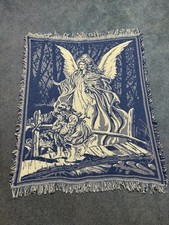 Vintage Angel Guardian Woven Throw Blanket Reversible Tapestry Fringe Blue White picture