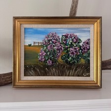 Vintage Impressionist Purple Lilac Landscape Oil Painting Signed Sally Mechels picture