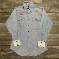 VTG 70s DENIM LIGHT BLUE BUTTON UP SHIRT CUSTOM STITCHED VEGGIES BUTTERFLY SZ S picture