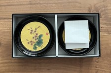 VTG Japanese Hakuichi Originals Black Lacquer Gold Leaf Trays Floral Designs picture