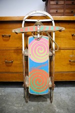 Antique Psychedelic Snow Sled wood Gambles Hiawatha Spiral Hippy 70s Hipster VTG picture