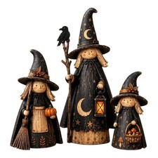 3Pcs Vintage Witch Wooden Statue Set Halloween Farmhouse Witch Figurine Decor picture