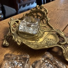 Beautiful Antique 1895-1910 Nouveau  Brass Inkwell w/3 Crystal Glass Inserts picture