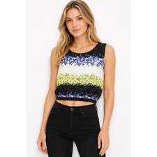 LOFT Floral Border Print Cropped Sleeveless Blouse Top Black Blue Yellow Size L picture