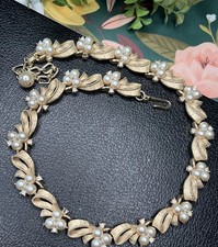 Vintage Signed CROWN TRIFARI Faux Pearl Gold Tone Rhinestone Necklace picture
