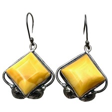 Vintage Mid Century Artisan Natural Amber Sterling Silver Earrings Pierced picture