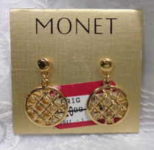 Vtg MACY'S Estate Jewelry ~ MONET Goldtone BASKET WEAVE Dangle Pierced Earrings picture
