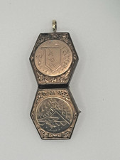 Antique Victorian Hexagonal Drop Locket Gold Tone Landscape Monogram Book Locket picture